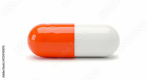 A single, elongated, capsule-shaped pill, split into two distinct halves: one vibrant orange and the other stark white, isolated against a clean, bright white background.