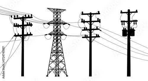 Collection of electricity transmission towers and power poles with overhead wires vector