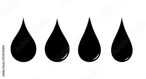 Four textured black ink drops abstract symbol representing liquid fluid flow and dripping vector