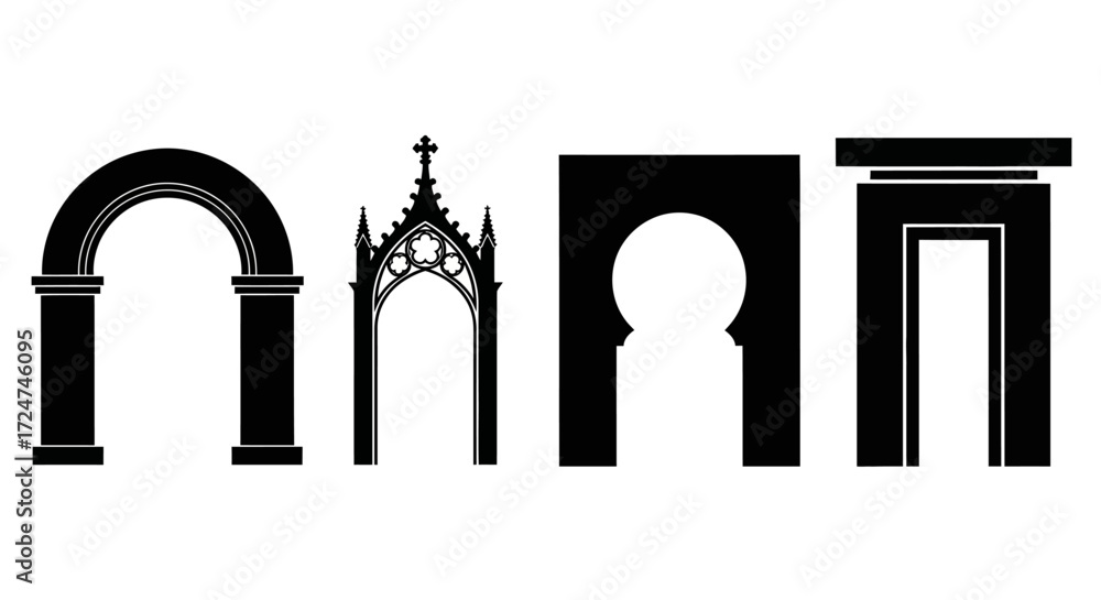 Fototapeta premium Diverse architectural arch styles silhouette collection for design projects vector