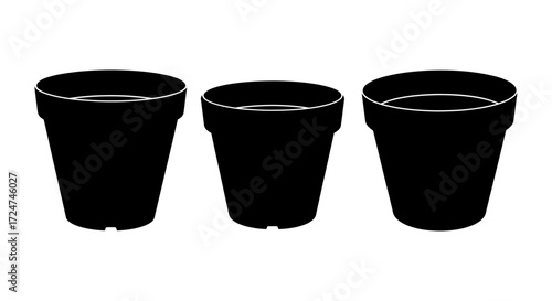 Three empty black flower pots lined up for planting or gardening vector