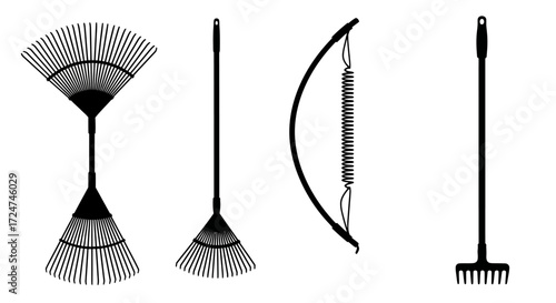 Set of four garden rakes including fan rake bow rake and leaf rakes vector