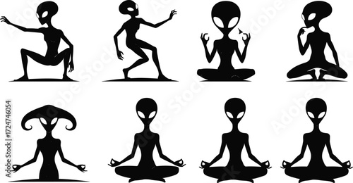 Alien silhouette meditation vector, extraterrestrial yoga pose artwork, sci fi humanoid character design, cosmic alien illustration, futuristic spiritual being graphic