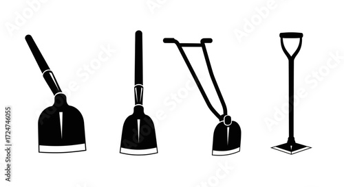 Set of four plumbing tools including different types of plungers and a toilet brush vector