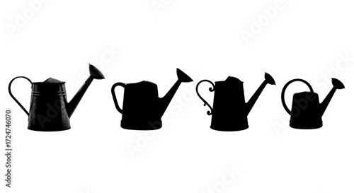 Four silhouetted vintage watering cans arranged in a row for gardening vector