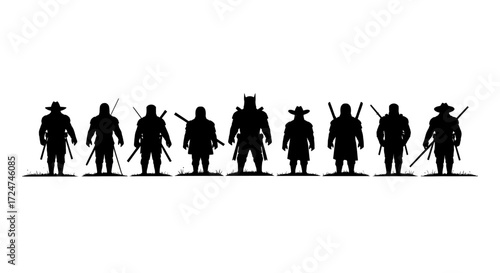 Group of mysterious silhouette characters standing together with swords ready for action vector