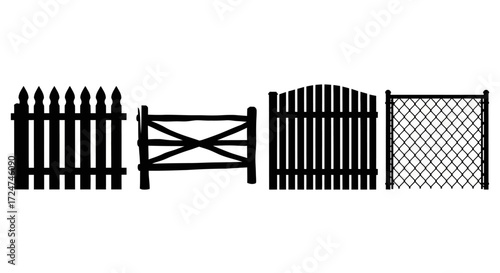 Collection of rustic wooden and wire fences for outdoor property boundaries vector