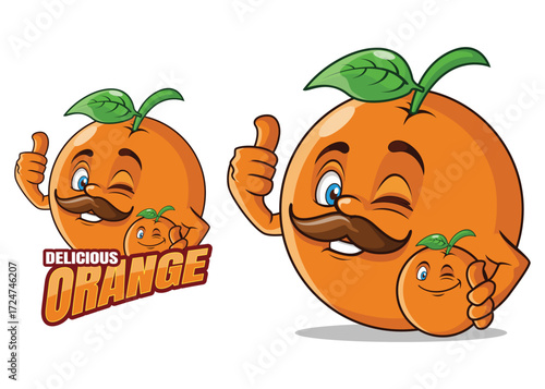 Orange Fruit Cartoon Mascot Character with Leaf Smile and Mustache Vector Illustration