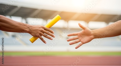 Relay Race Baton Pass: Close-Up of Hands and Yellow Baton on Track