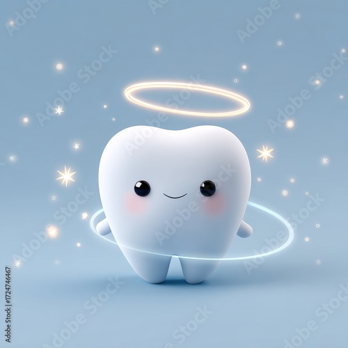 A cute cartoon tooth with a halo and sparkling effects, representing dental health in a whimsical way.