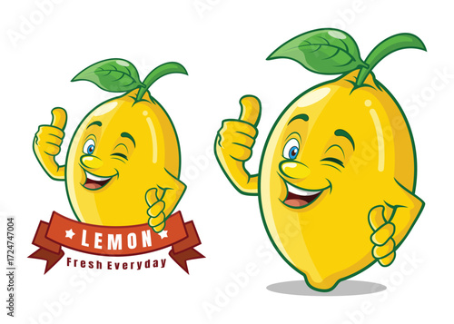 Yellow Lemon Fruit Cartoon Mascot Character with Leaf and Smile Vector Illustration