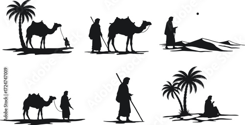 Arabian desert nomad silhouette illustration, camel caravan journey vector, oasis palm tree landscape, people walking sand dunes, traditional cultural art