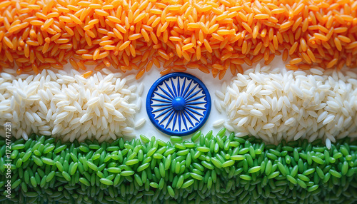  Indian flag made with tricolor rice and Ashoka Chakra.