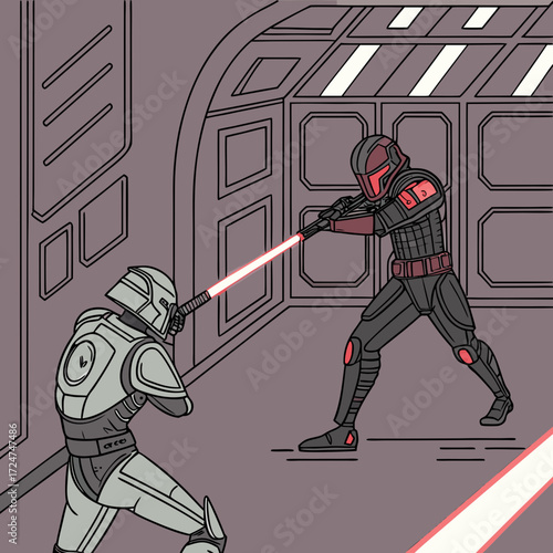 Two futuristic warriors dueling with lightsabers in a spaceship interior