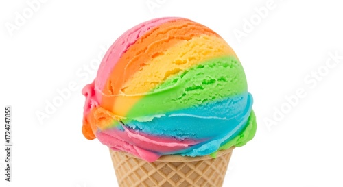 Rainbow sherbet ice cream scoop on a cone, isolated on white background