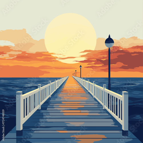 Golden Hour Serenity Awaits at the End of the Ocean Pier , vector style simple color