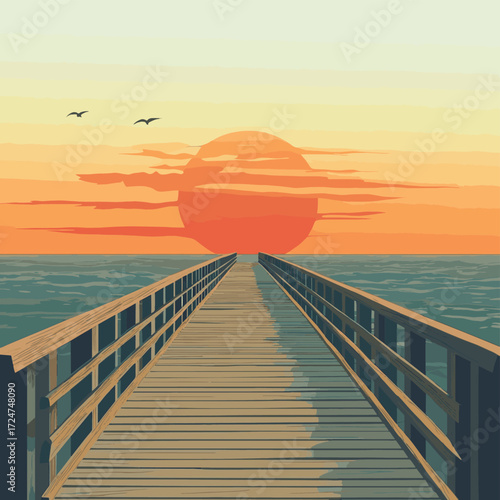 Golden Hour Serenity Awaits at the End of the Ocean Pier , vector style simple color