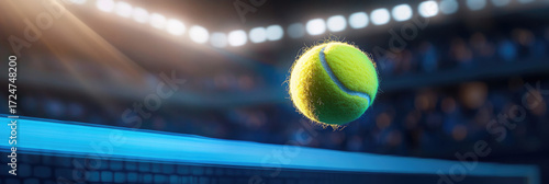 Dynamic flying golf ball creative abstract commercial background with blue light trails effects low angle close-up shot open stadium grass field for professional sports book cover design and marketing