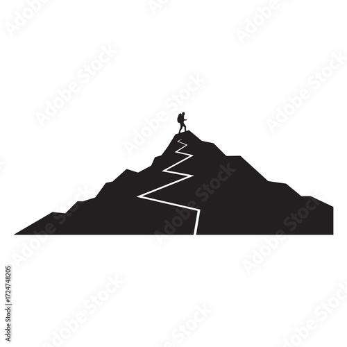 Hiker Ascending Zigzag Path on Mountain Silhouette