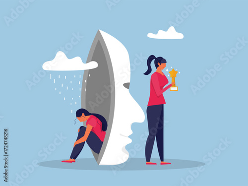 Imposter syndrome.woman standing for her present profile with fear after door . Anxiety and lack of self confidence at work; the person fakes is someone else concept