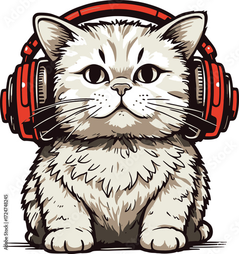 Cartoon vector illustration of a cute cat , black and white drawing of a funny feline pet animal