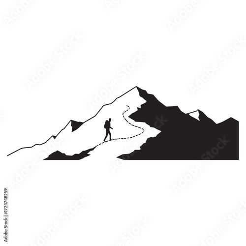 Hiker Following Dashed Trail Up Mountain Silhouette