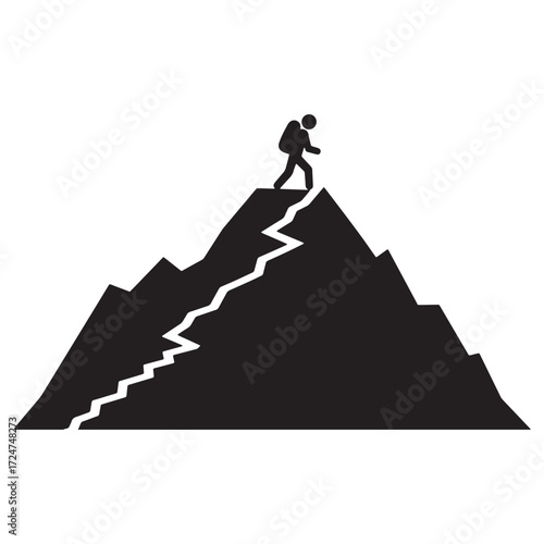 Hiker Reaching Mountain Summit Silhouette peak climbing