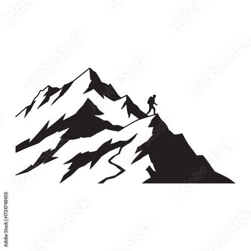 Hiker silhouette on a jagged mountain summit with winding path Keywords: mountain, peak, hiker