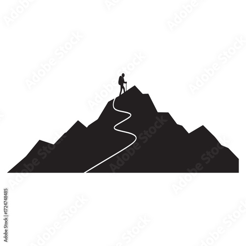 Hiker silhouette on a mountain peak with winding path