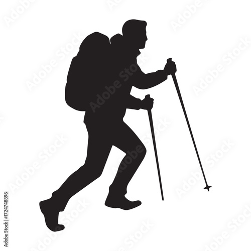 Silhouette of a hiker with backpack and poles on white background