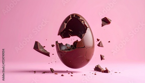 Broken chocolate egg on pink background