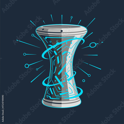 Stylized darabuka drum with glowing blue accents and circuit-like patterns.