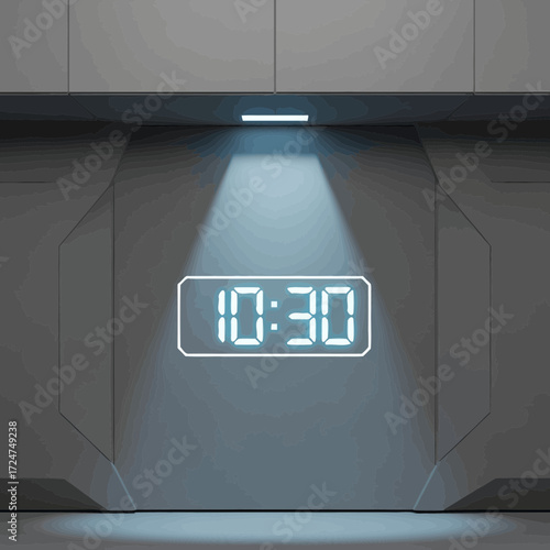 Digital clock displaying 10:30 on a gray wall with overhead lighting.