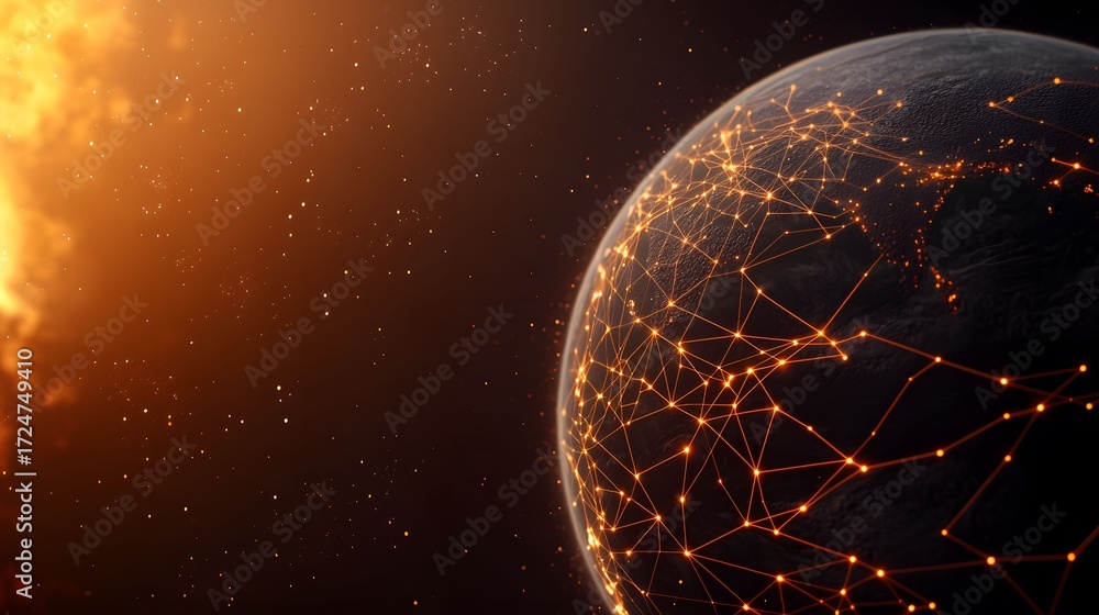 Obraz premium A digital Earth glows with interconnected networks, illuminated by a distant sun, set against a backdrop of cosmic dust and nebulae in a stunning visual representation.