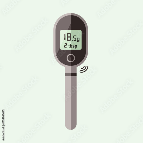 Digital measuring spoon with display showing weight and volume.