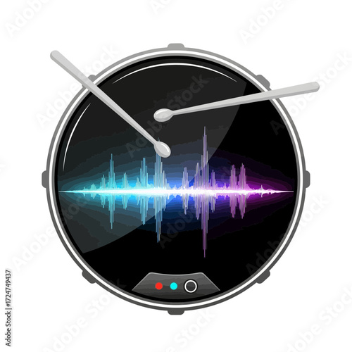 Illustration of a drum with drumsticks and a sound wave graphic on the drumhead.
