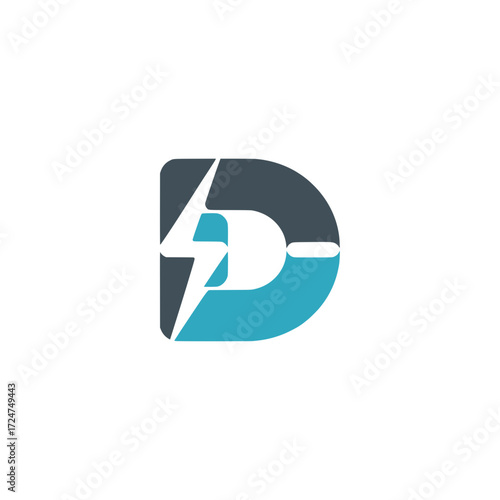 Letter D Logo with Blue Lightning Bolt, Bold and modern letter D logo featuring a striking blue lightning bolt, representing energy, speed, and digital innovation.

