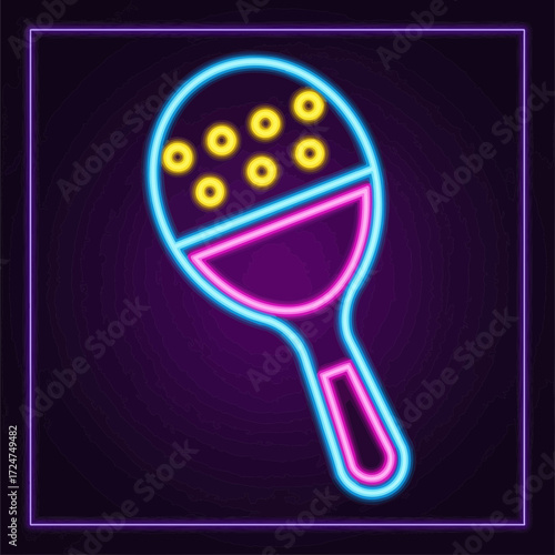 Neon maraca illustration with blue and pink outlines on a dark background.