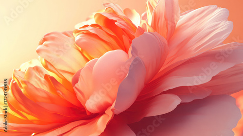Blooming warm-toned peony flower with rich detailed petals and textures creating visual impact on light orange gradient background with ethereal laser beam blur effects for poster design.