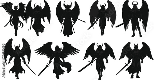 Dark angel warrior silhouette, fantasy demon fighter illustration, gothic winged knight character, mythical evil guardian artwork, powerful horned hero design
