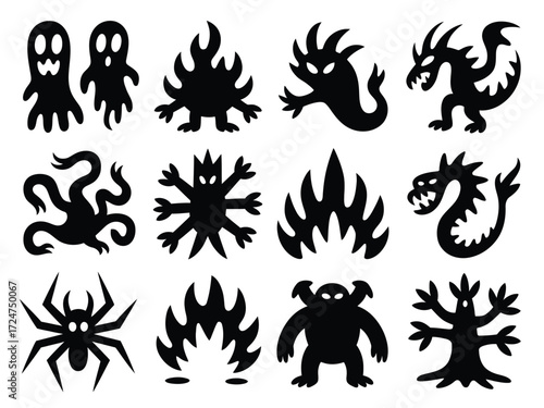 Set of 12 black silhouette monster illustrations scalable vector graphics for halloween designs vector