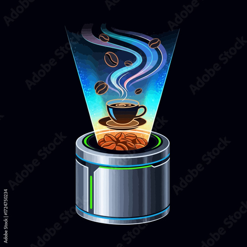 Futuristic coffee machine with holographic display of coffee beans and a cup of coffee.