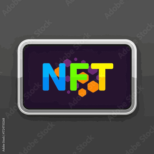NFT logo on a digital tablet screen with colorful geometric shapes, representing non-fungible tokens and blockchain technology.