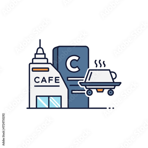 Illustration of a cafe building with a flying car serving coffee.