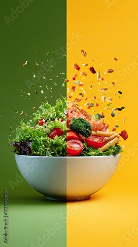 exploding food photography - exploding food photography - Vibrant Fresh Salad with Exploding Ingredients on Dual-Tone Background illustrating health food concept with vivid dynamic illustrating