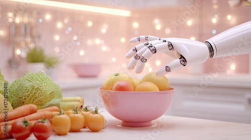 futuristic food technology - futuristic food technology - Robotic Hand Reaching for Fresh Fruits in Modern Kitchen visualizing futuristic diet planning with smart machine visualizing futuristic diet