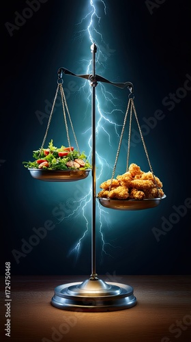 healthy diet animation - Balanced Diet Concept: Weighing Healthy Salad Against Crispy Fried Chicken demonstrating animated healthy eating with colorful