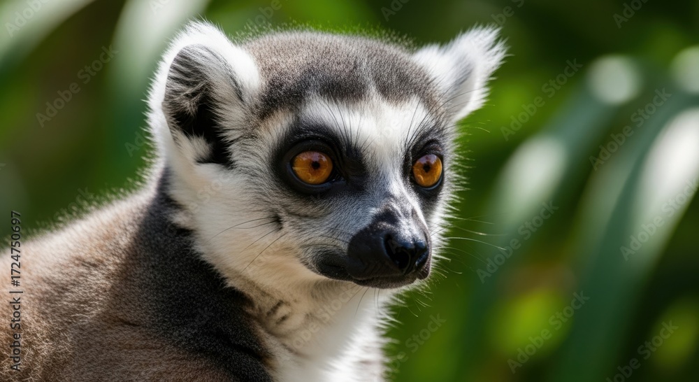Obraz premium Close up portrait of a ring tailed lemur with striking orange eyes