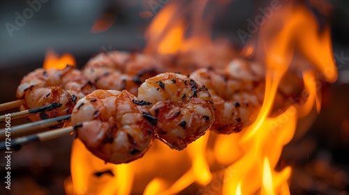 Closeup of Succulent Grilled Shrimp Skewers Sizzling