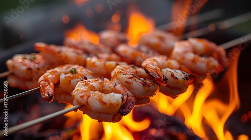 Closeup of Succulent Grilled Shrimp Skewers Sizzling